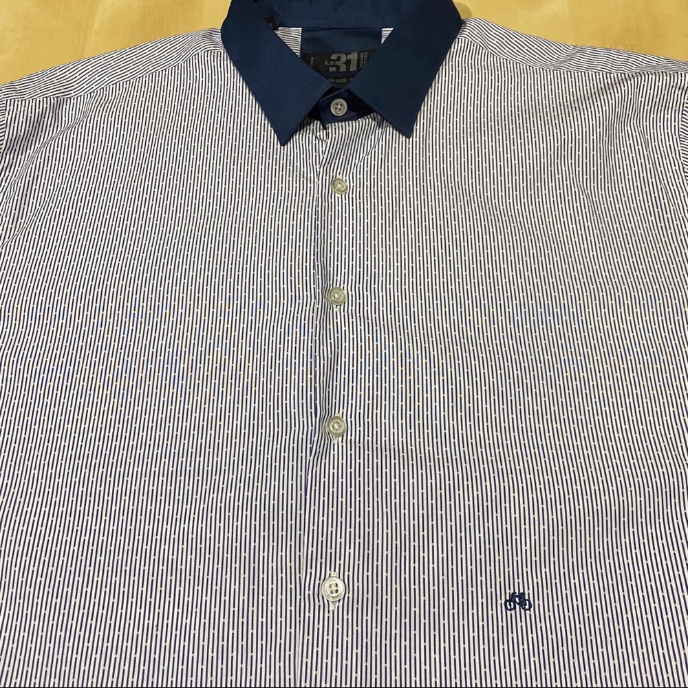 Blue. Button up, long sleeve dress shirt